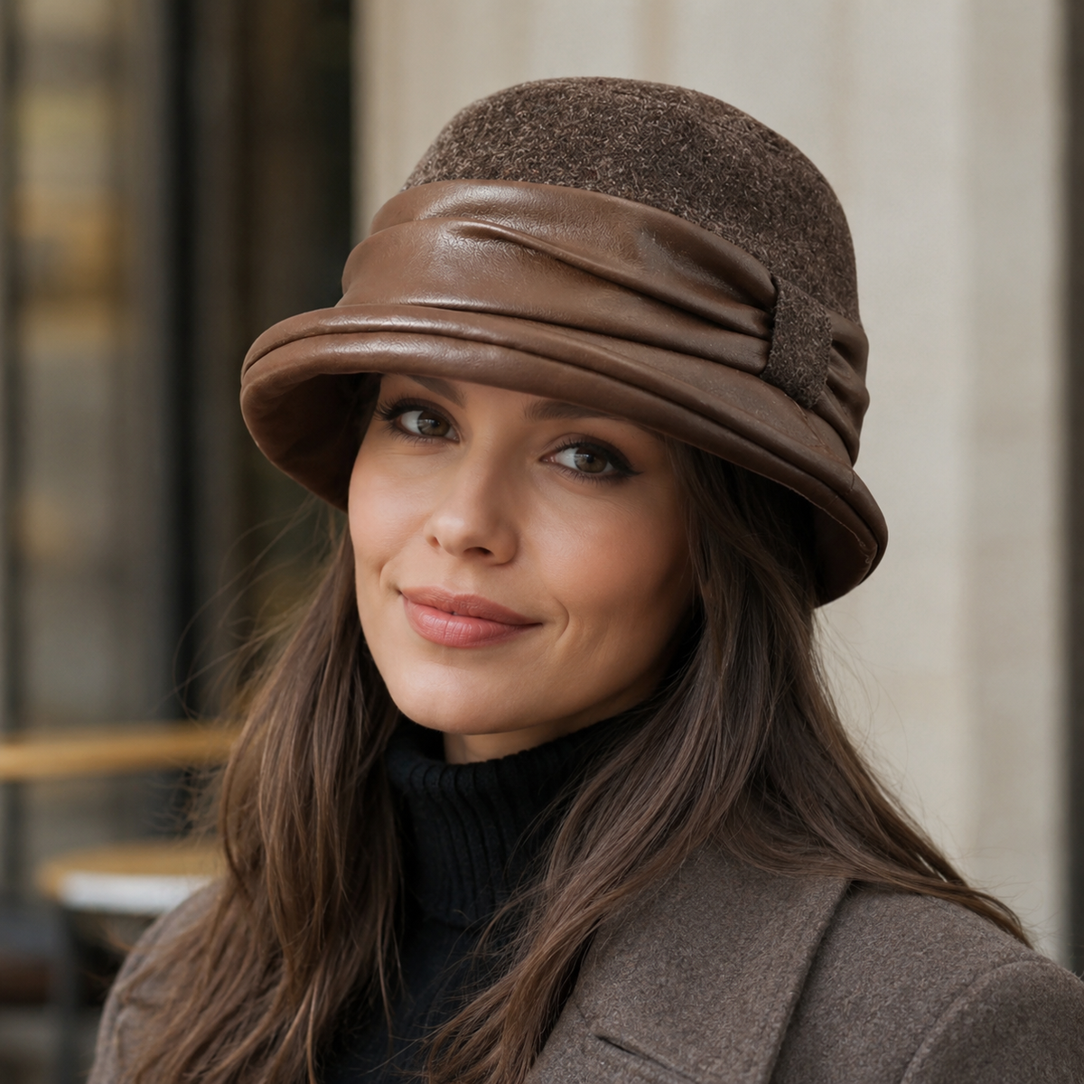Wool Leather Cloche Hat – Adjustable Women’s Winter Warm Hat With Fleece Lining
