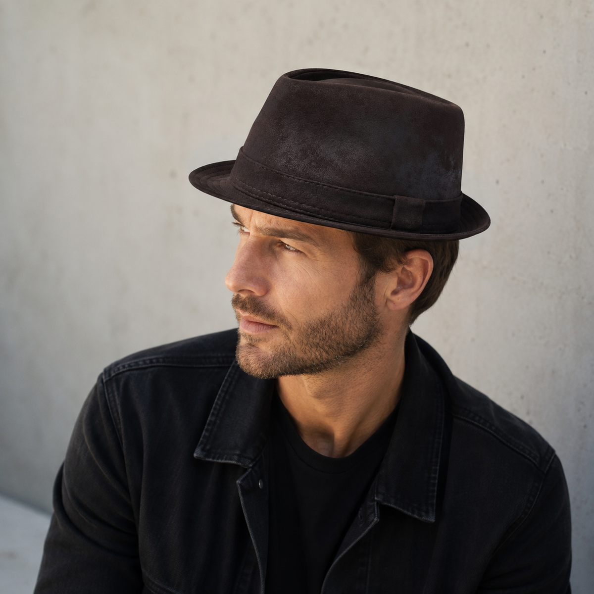 Genuine Leather Trilby Hat – Distressed Cowhide Fedora With Cotton Sweatband