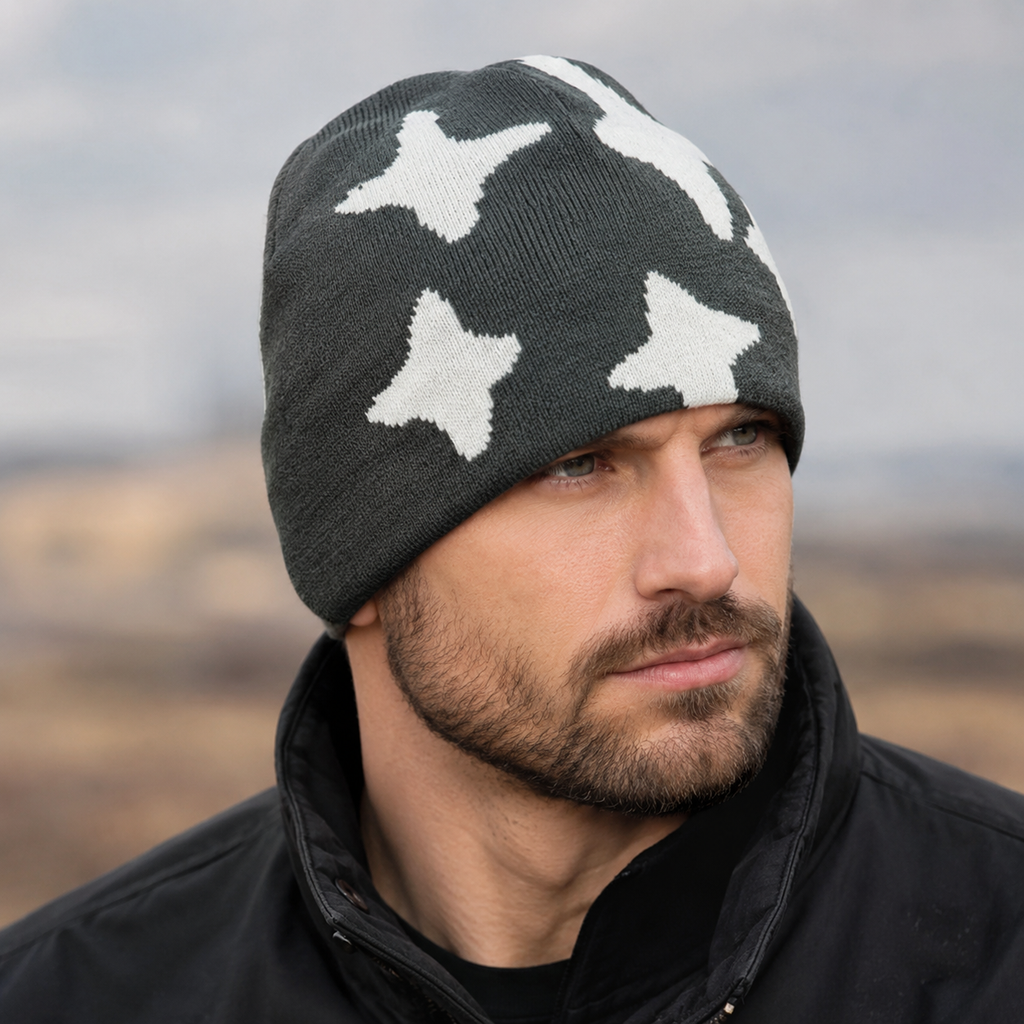 Knitted Winter Beanie – Organic Cotton Hat With Elastic Fit & Cross Pattern