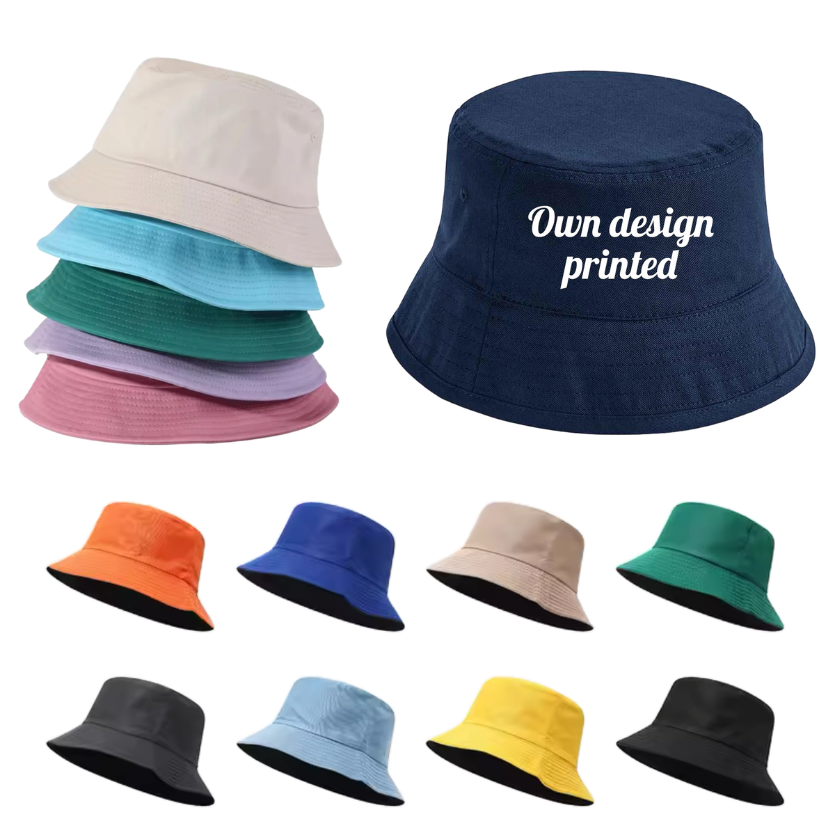 Custom logo bucket hat in cotton, unisex sun hat shown in 18 colors