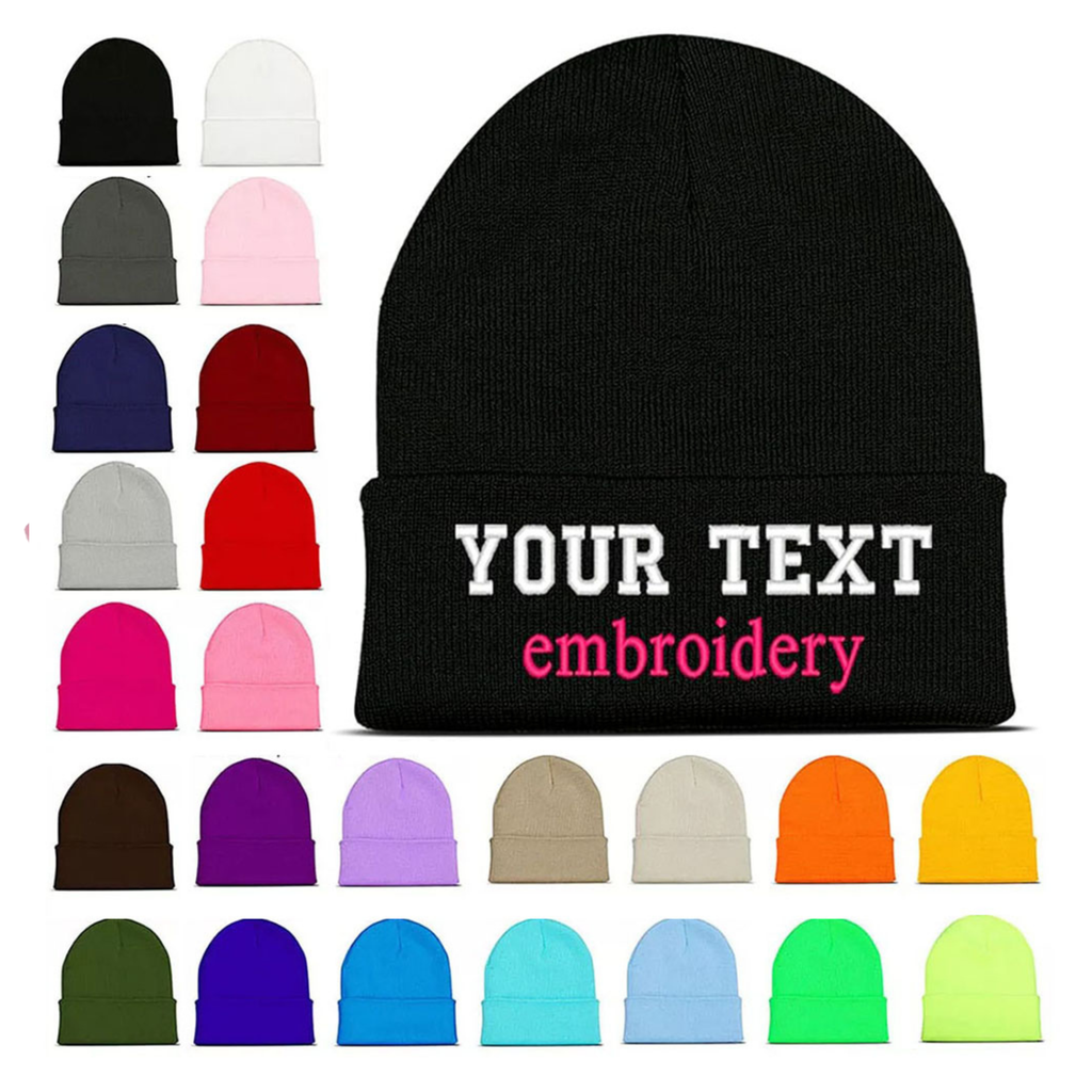 Custom embroidered beanie shown in 24 colors, unisex winter knit hat
