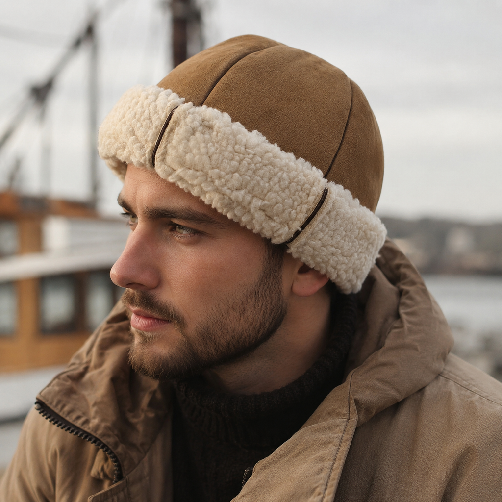 Suede Docker Cap – Adjustable Vegan Leather Hat With Warm Furry Cover