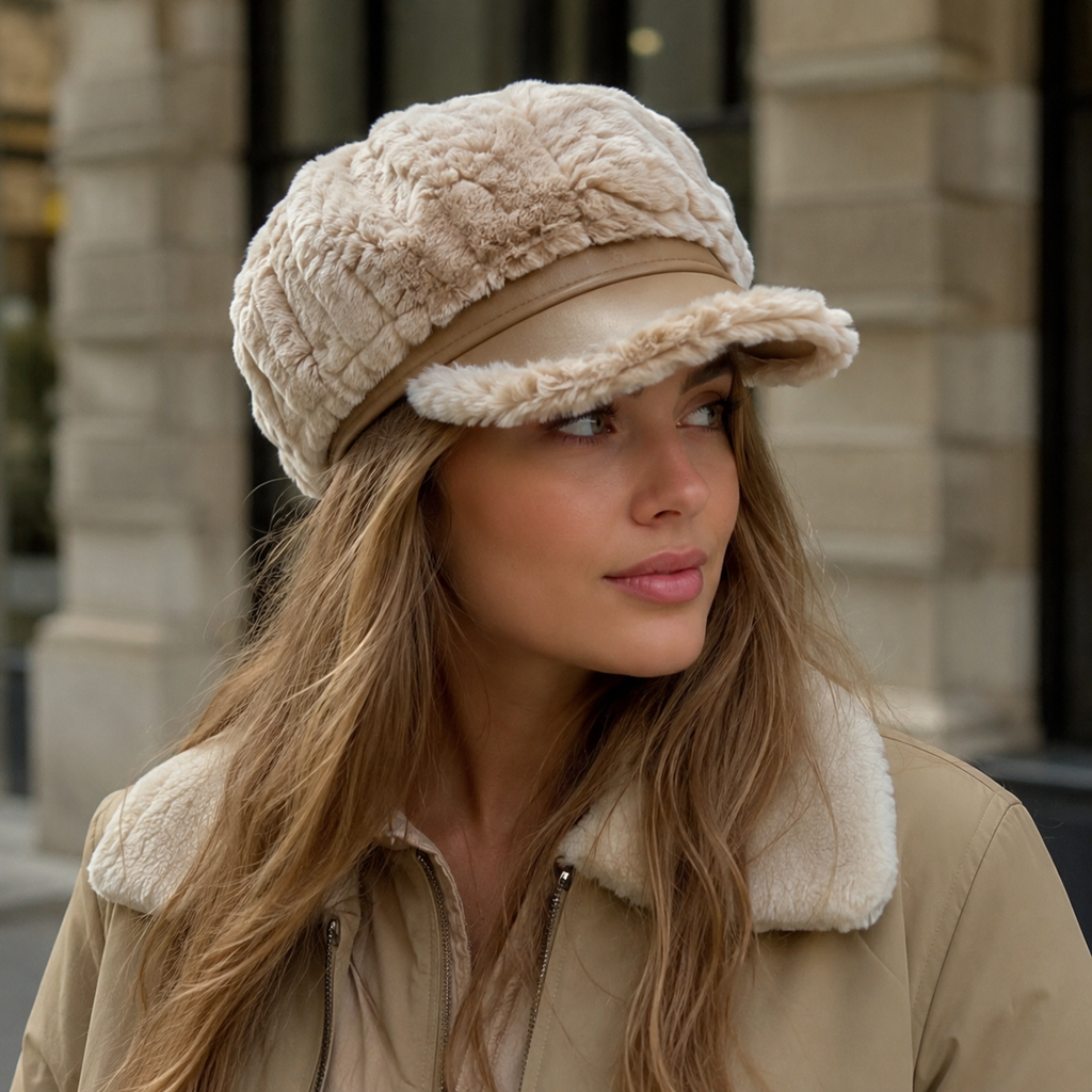 Plush Leather Baseball Cap – Women's Adjustable 8-Panel Winter Hat With Soft Lining