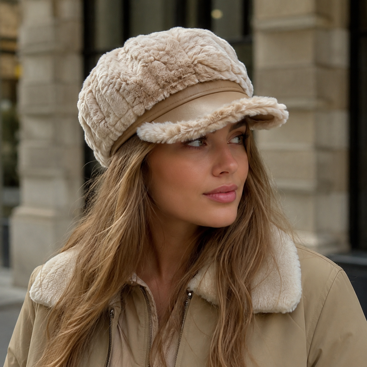 Plush Leather Baseball Cap – Women's Adjustable 8-Panel Winter Hat With Soft Lining