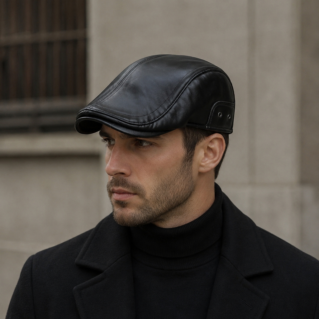Leather Flat Cap – Waterproof Winter Duckbill Hat With Folding Earflaps