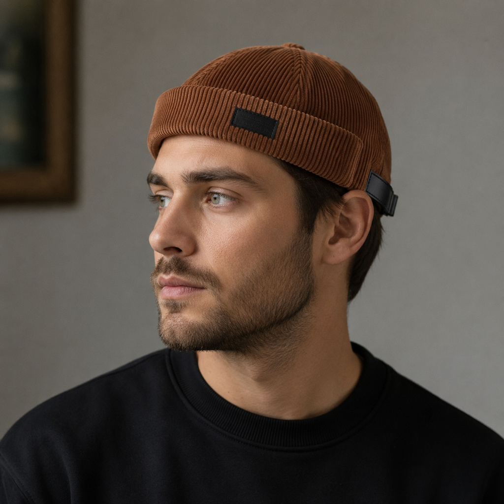 Corduroy Docker Cap – Adjustable Cotton Hat With Embroidered Logo Sweatband