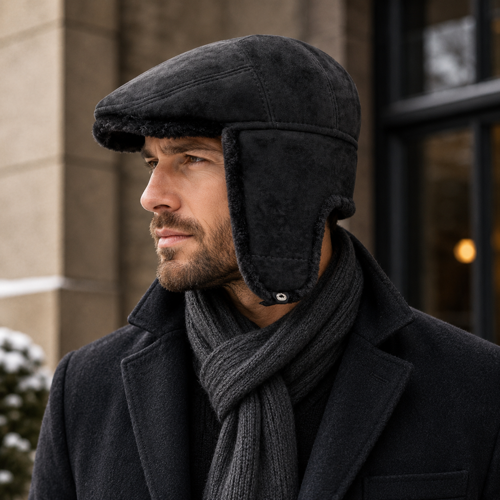 Fur Flat Cap | Black Organic Cotton Hat With Folding Earflaps - Winter Headwear