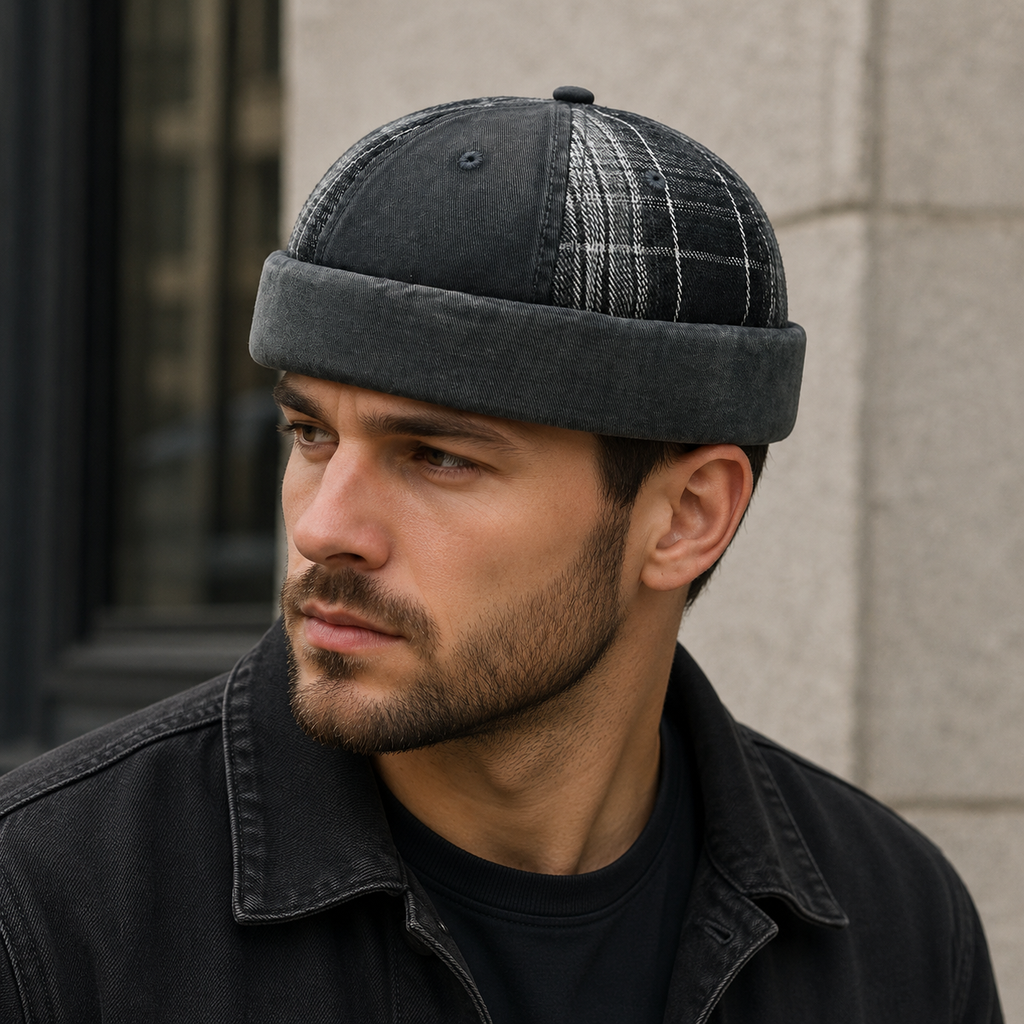Brimless Docker Cap – Adjustable Cotton Tartan Patchwork Hat With Soft Lining