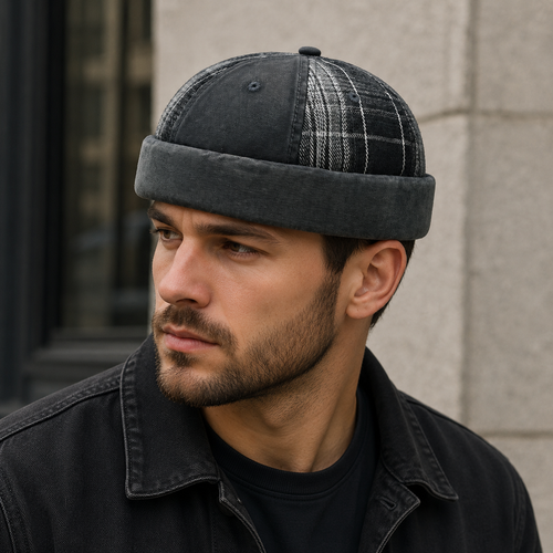 Brimless Docker Cap – Adjustable Cotton Tartan Patchwork Hat With Soft Lining