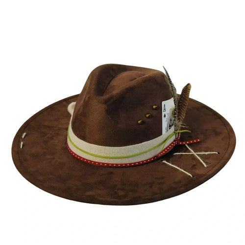 Brown Bohemian Suede Fedora - Handmade Organic Cotton Hat With Peacock