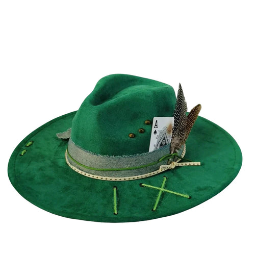 Green Bohemian Suede Fedora - Handmade Organic Cotton Hat With Peacock