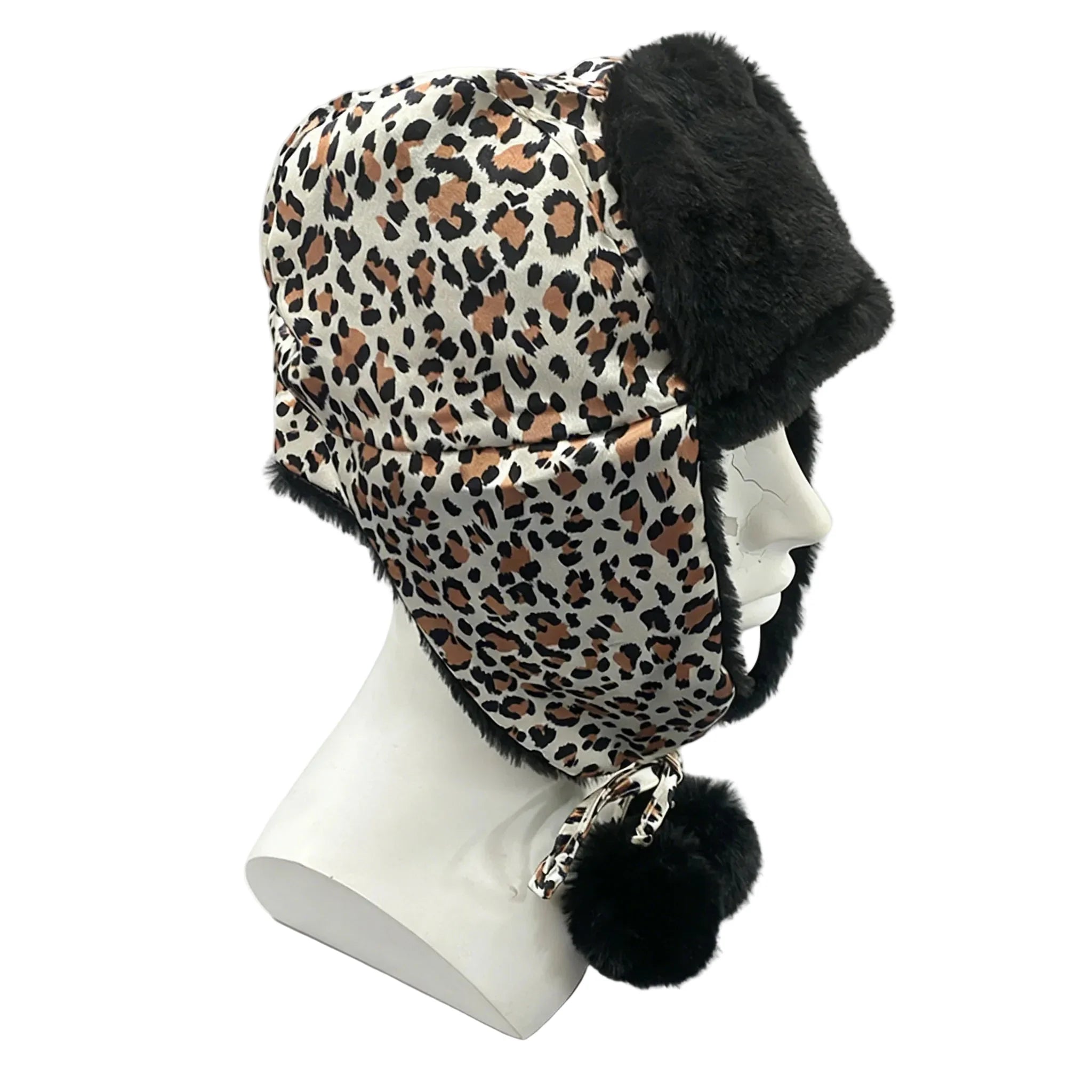 Pom Poms Winter Leopard Print Bomber Hat