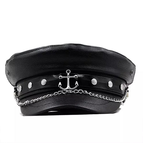Black Leather Sailor Cap front view