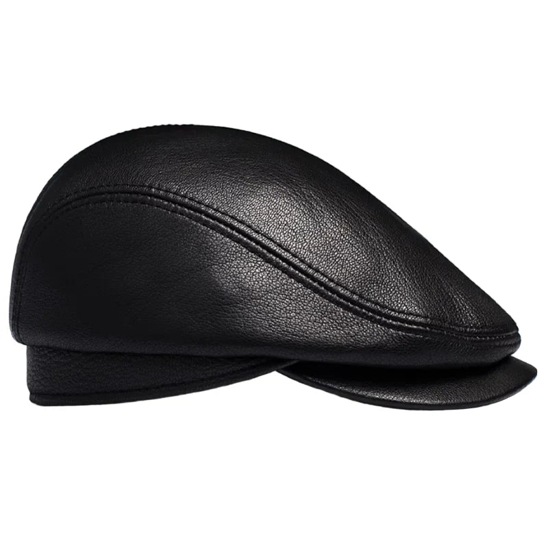 Atlanta Black Genuine Leather Earflaps Flat Cap