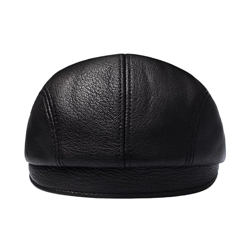 Atlanta Black Genuine Leather Earflaps Flat Cap
