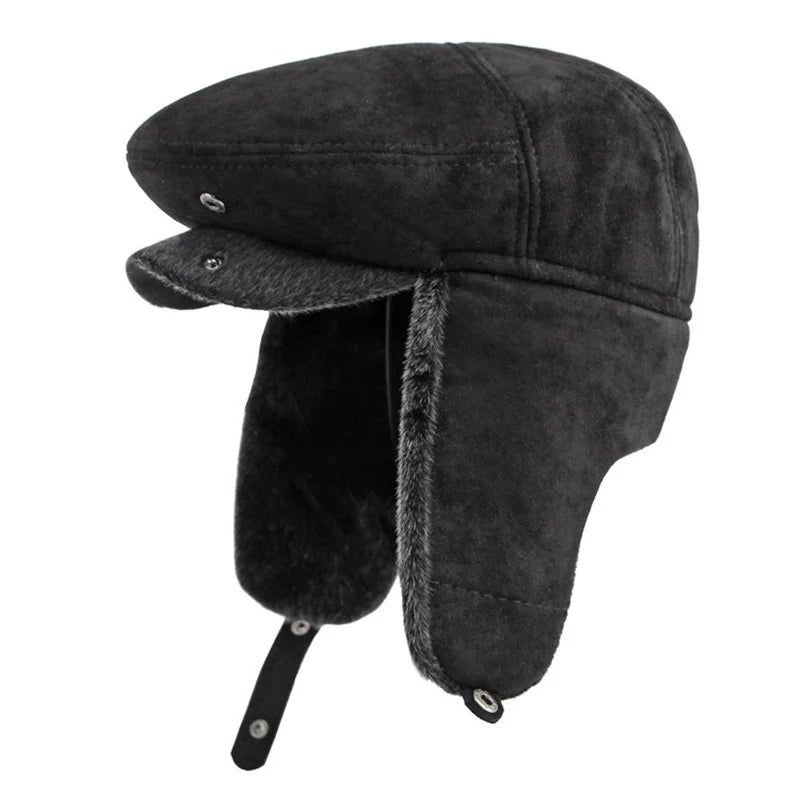 Belfast Winter Earflaps Black Fur Flat Cap