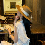 White and khaki straw porkpie hat – porkpie hat close-up