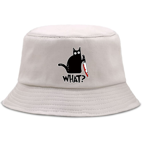 Beige and black Cat Knife Print Bucket Hat