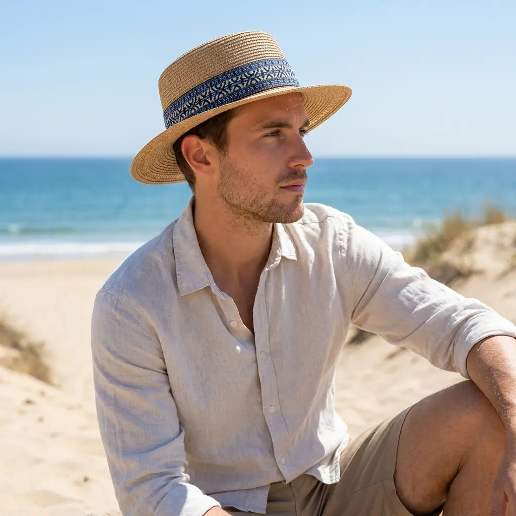 Straw boater hat worn by model – straw hat lifestyle