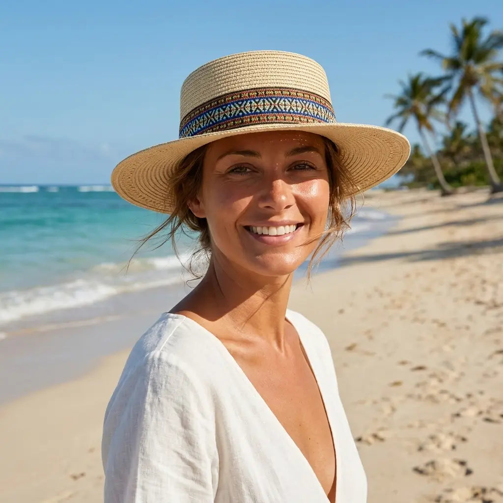 Straw boater hat worn by model – straw hat fashion