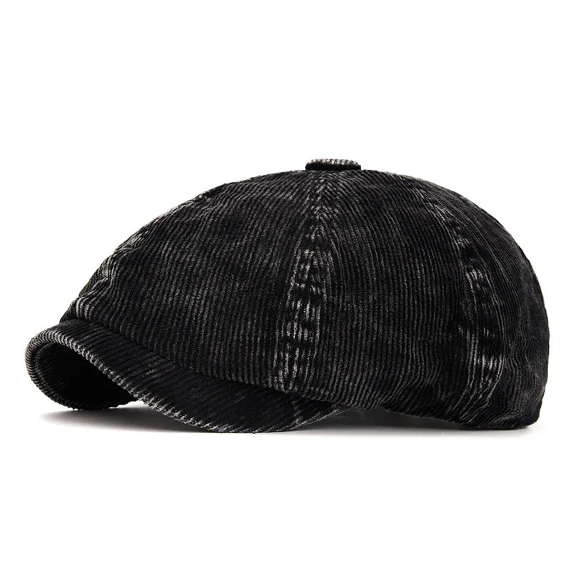 Black Newsboy Cap - British Style Corduroy Hat