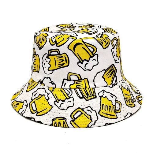 White Cartoon Beer Bucket Hat - Reversible Acrylic Lightweight Summer