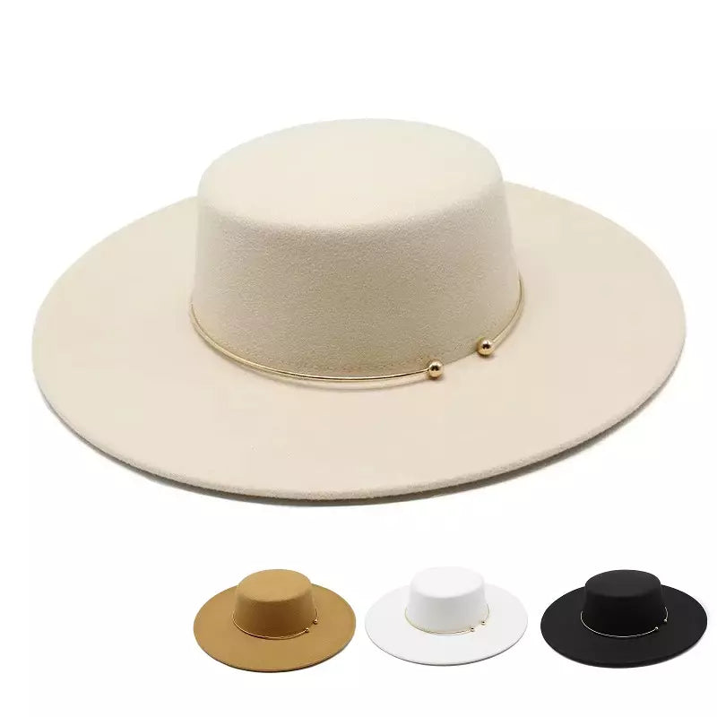 Wide Brim Boater Hat – classic cotton acrylic adjustable cord summer sunhat
