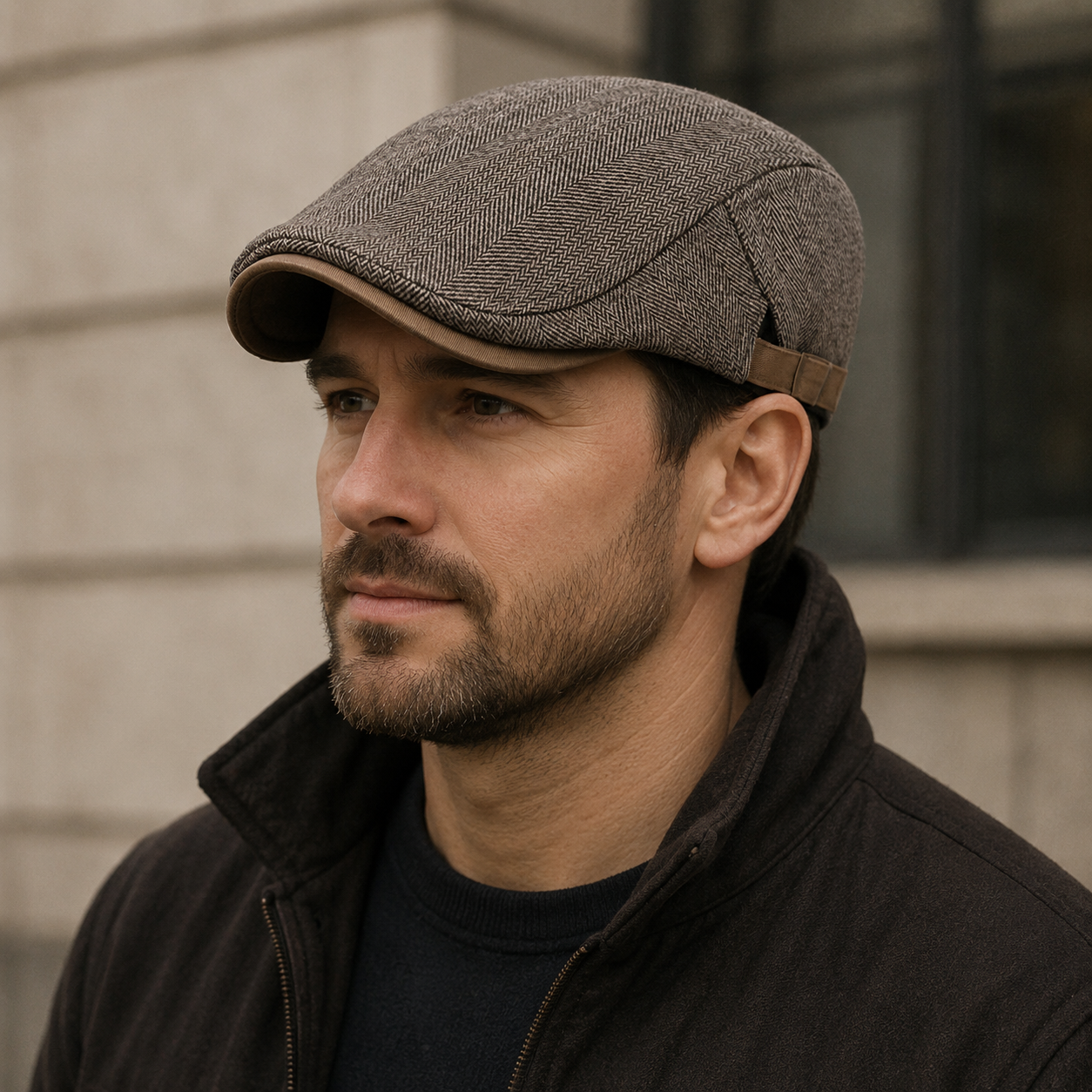 Wool Flat Cap – Classic Herringbone Adjustable Cotton Blend Hat for Winter Wear