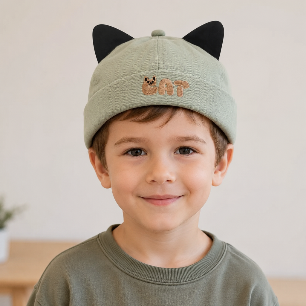 Kids Docker Cap – Brimless Cat Ear Hat With Organic Cotton & Embroidered Logo