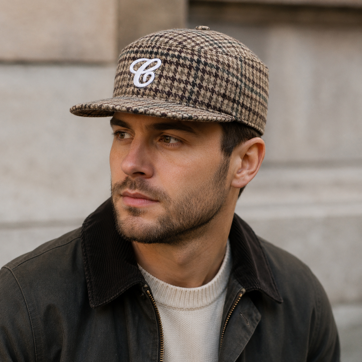 Vintage Wool Snapback – Adjustable Beige Houndstooth Cap With Embroidered Logo