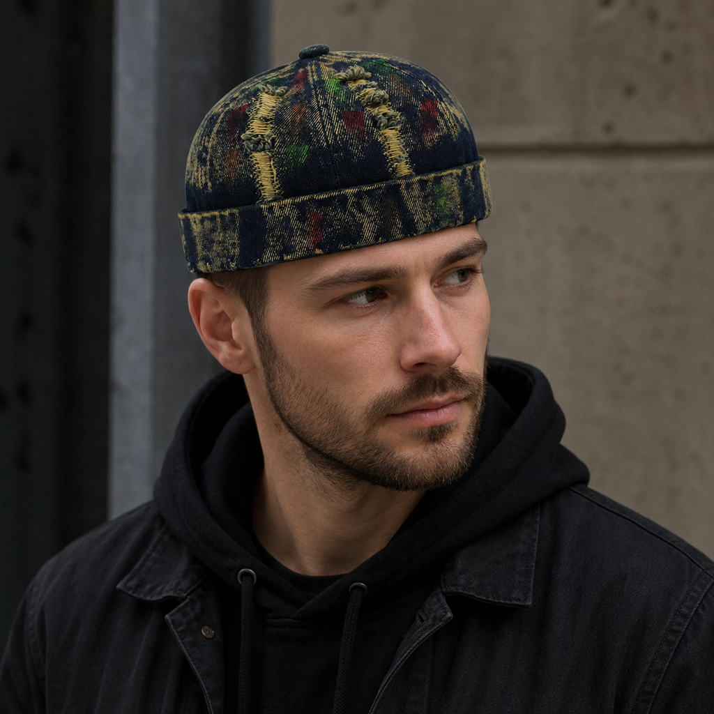 Denim Docker Cap – Painted Ripped Organic Cotton Adjustable Hat by Hatloom