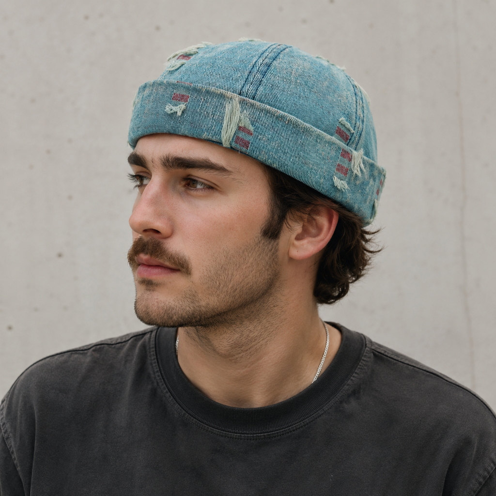Denim Docker Cap - Adjustable Ripped Distressed Cotton Acrylic Blend Hat