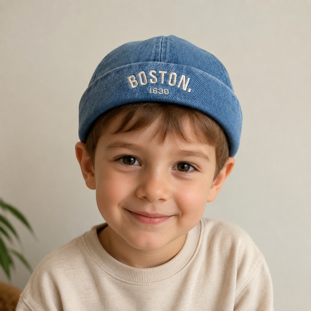 Kids Denim Cap – Embroidered Six Panel Docker Hat With Cold Protection