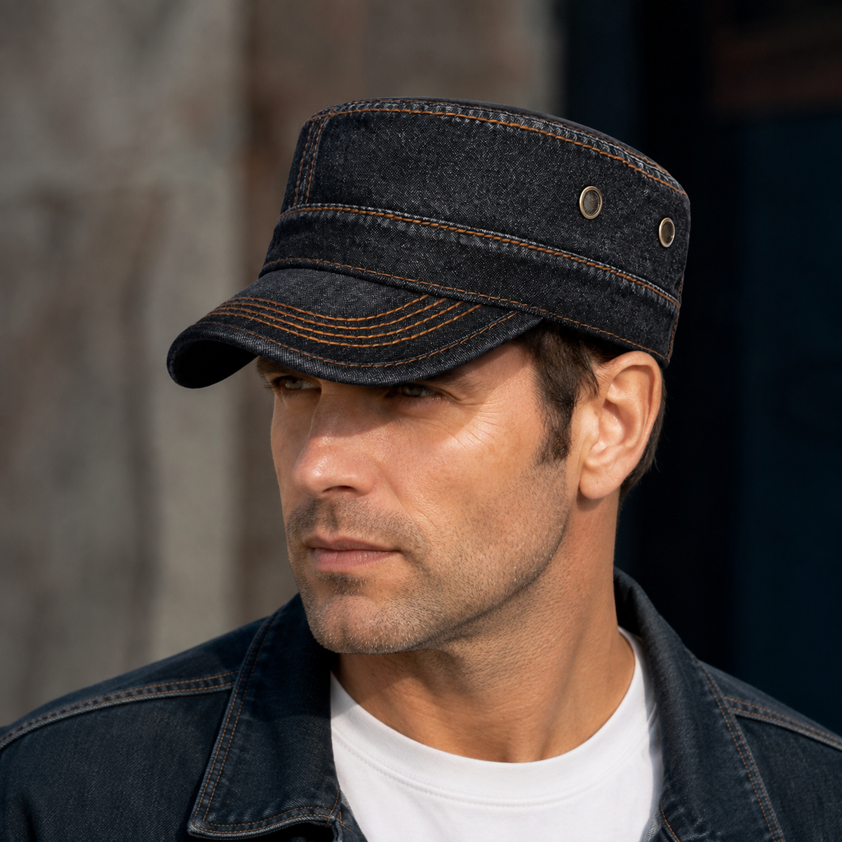 Vintage Denim Army Cap – Adjustable Organic Cotton Hat With Breathable Sweatband