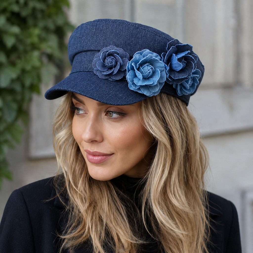 Denim Sailor Cap – Adjustable Blue Roses Embroidered Flower Cotton Hat