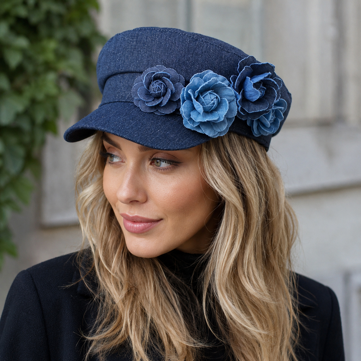 Denim Sailor Cap – Adjustable Blue Roses Embroidered Flower Cotton Hat