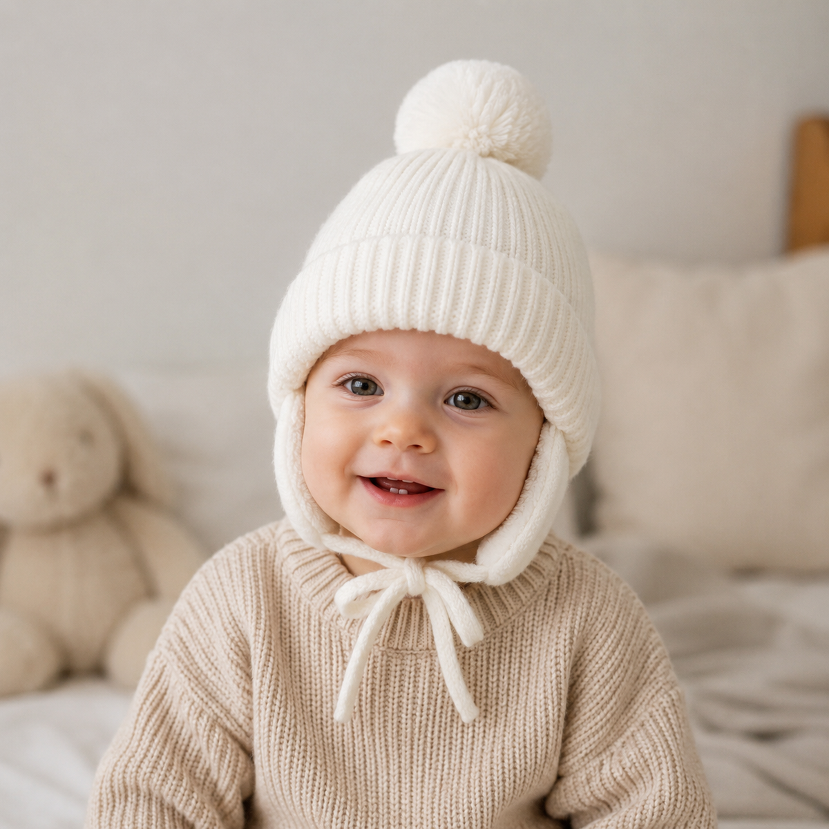 Kids Winter Beanie – Wool Pom Pom Hat With Folding Earflaps For Toddlers