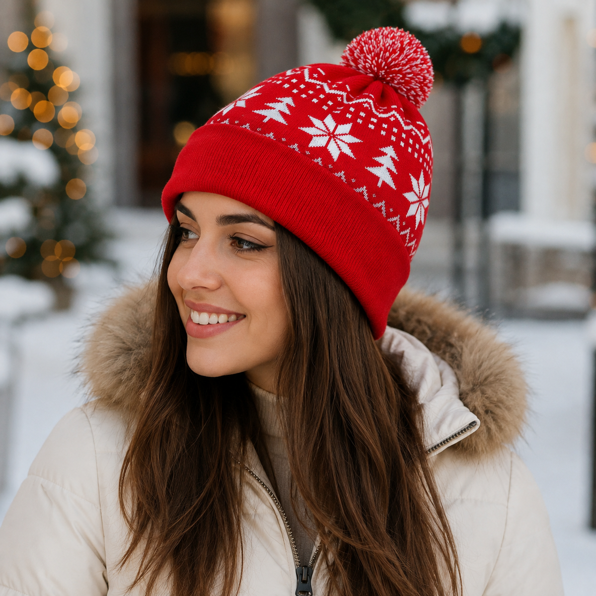 Cotton Pompom Beanie – Snowflake Knit Cap | Warm Winter Cotton Hat Elastic Fit
