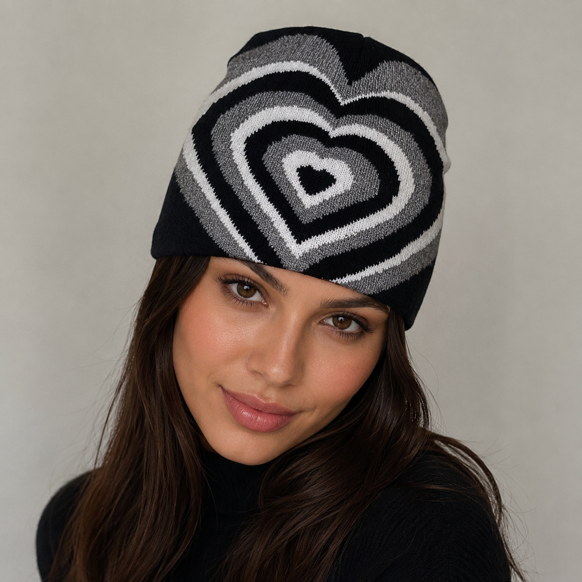 Knitted Beanie – Organic Cotton Hat With Concentric Hearts Pattern | Warm Winter Headwear