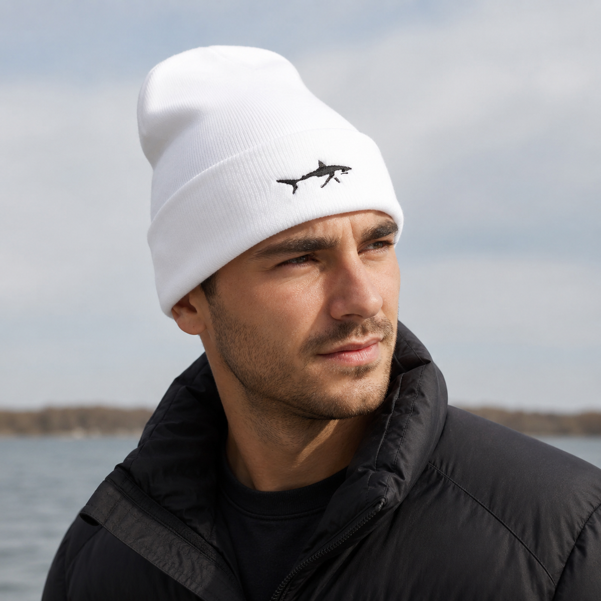Winter Beanie Organic Cotton Cold Protection Hat With Blue Shark Pattern