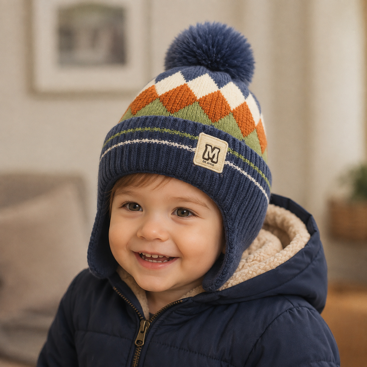 Kids Winter Beanie – Adjustable Rhombus Pattern Hat With Pom Pom & Earflaps
