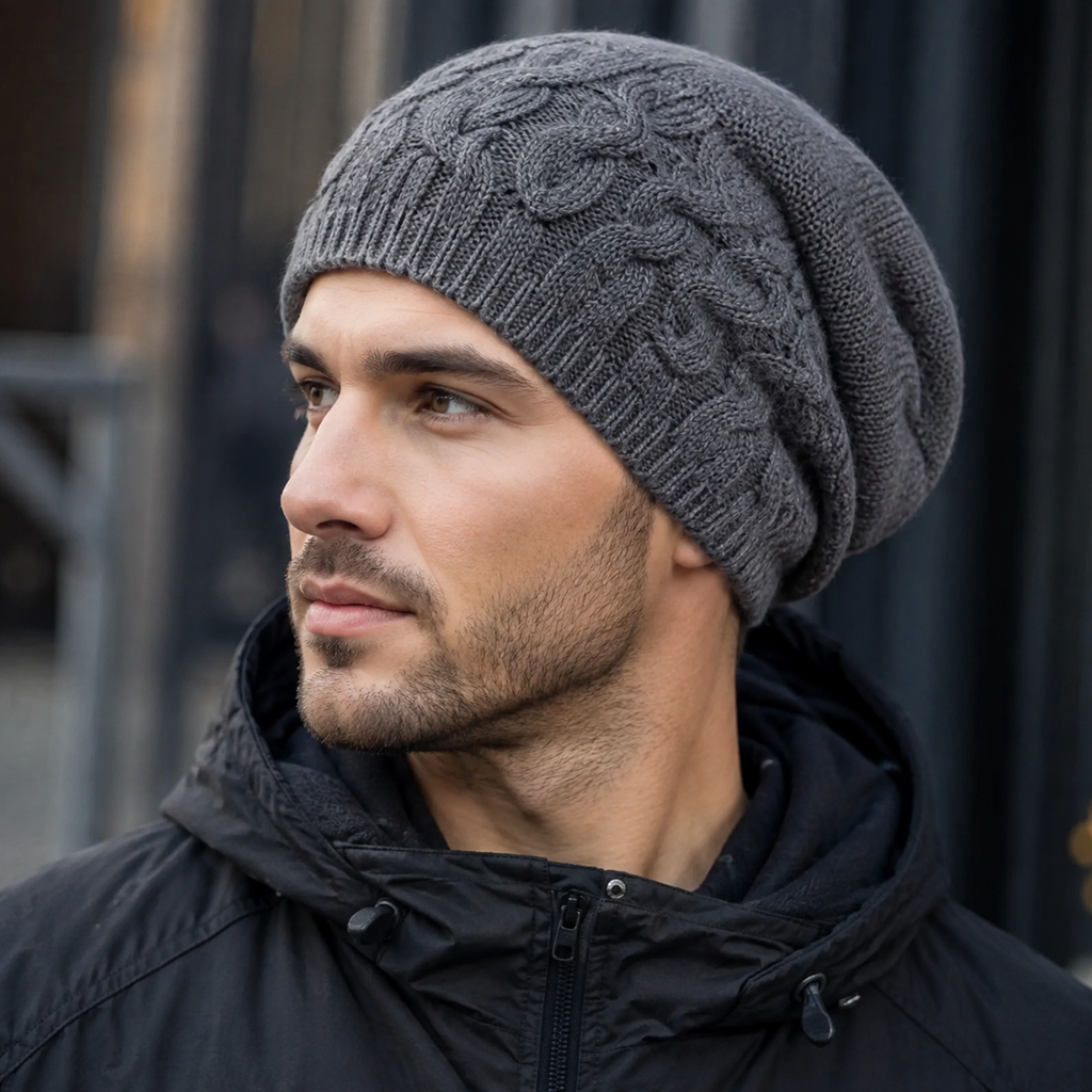 Winter Faux-Fur Beanie – Organic Cotton Hat With Knitted Leaf Pattern & Cold Protection