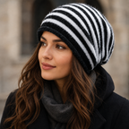 Winter Faux-Fur Beanie – Striped Organic Cotton Cold Weather Hat With Elastic Size