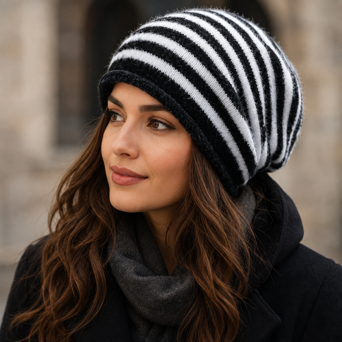 Winter Faux-Fur Beanie – Striped Organic Cotton Cold Weather Hat With Elastic Size