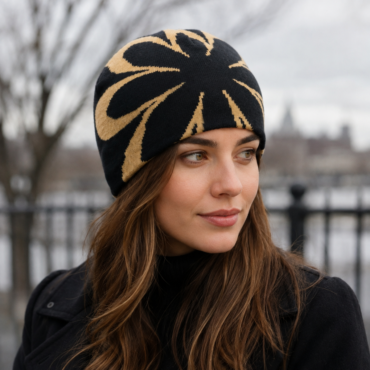 Winter Beanie Organic Cotton Hat With Blooming Daisy Pattern & Elastic Fit