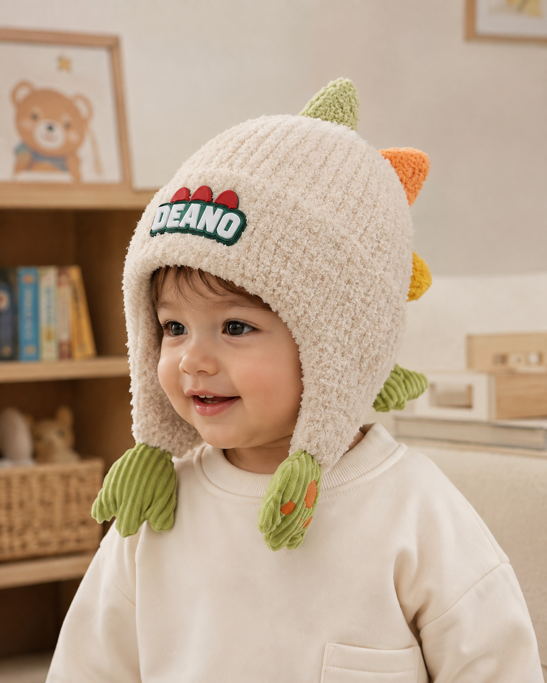 Kids Winter Beanie - Knitted Earflap Hat with Dinosaur Scale Design for Toddlers