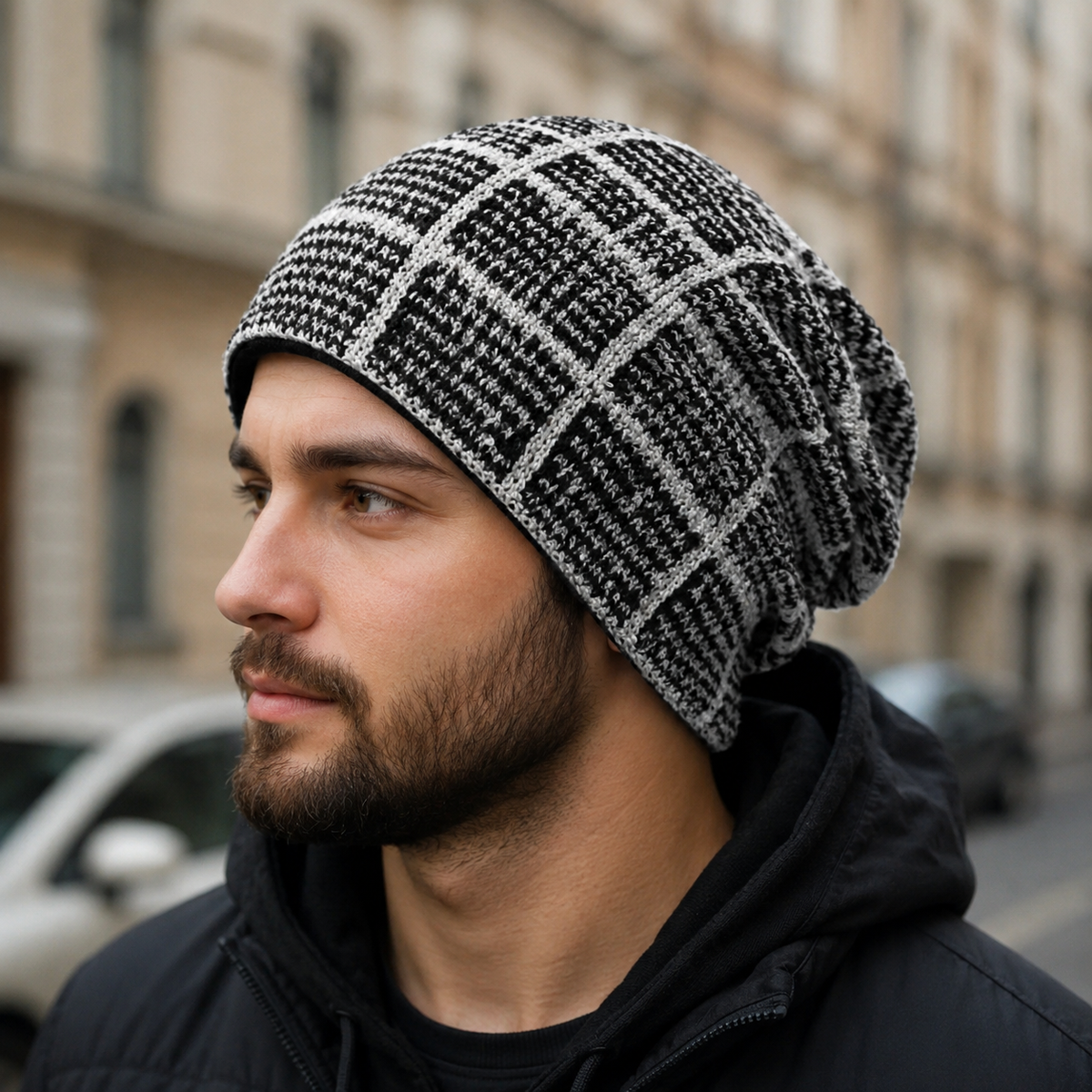 Cotton Plaid Beanie – Stretch Fit Knitted Hat With Soft Breathable Fabric