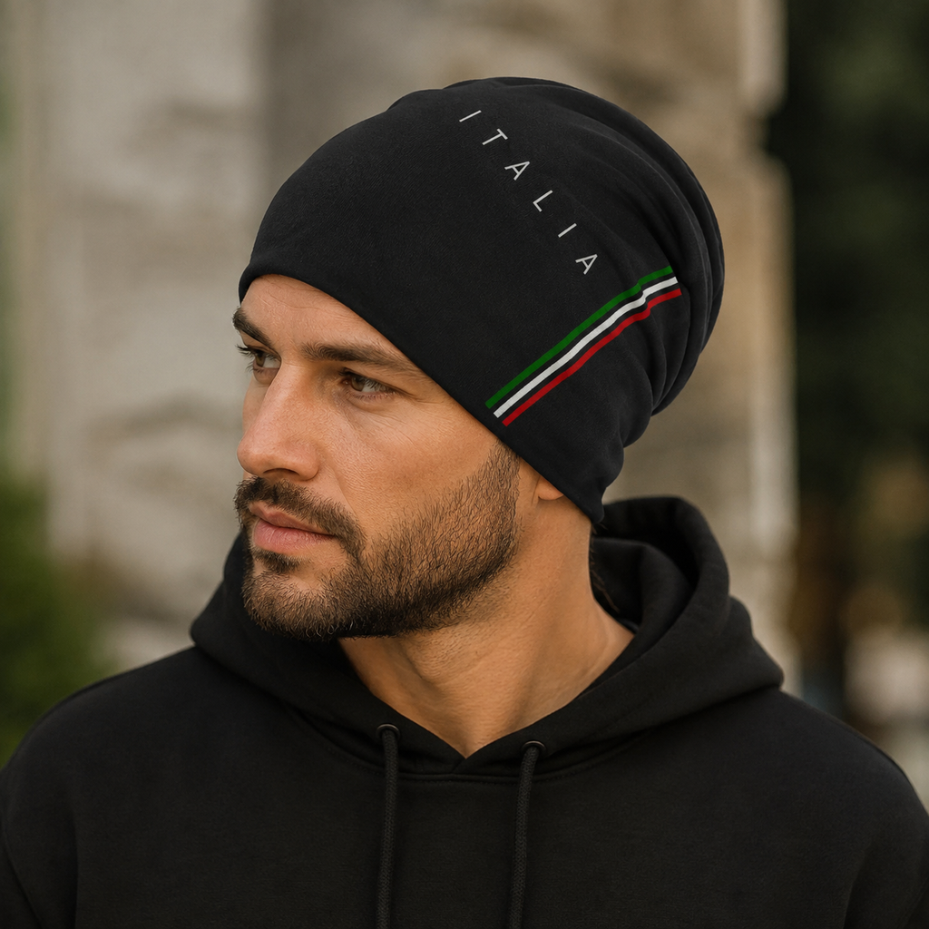Italian Flag Beanie - Black Acrylic Winter Hat With Elastic Size 56-59 cm