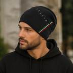 Italian Flag Beanie - Black Acrylic Winter Hat With Elastic Size 56-59 cm