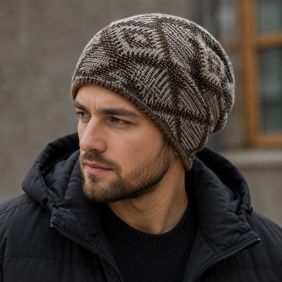 Faux-Fur Knitted Beanie – Winter Beanie With Rhombus Pattern & Elastic Fit